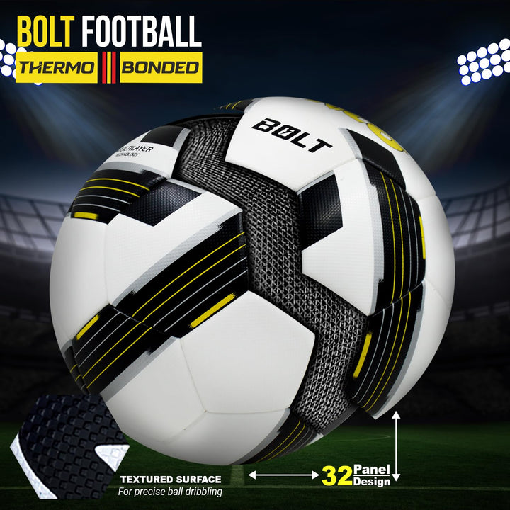 Synco Bolt Thermobonded Football | PU 32 Panel Textured Surface Professional Match Ball | Suitable for Soft & Wet Ground, Hard Ground with Grass & Artificial Turf | Water Resistant Football | Size-5