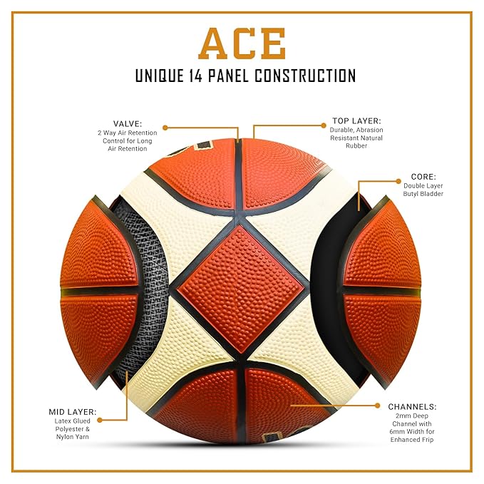 Synco Ace Basketball Ball 14 Panel Rubber Moulded Professional Club Basketball For Competitions & Matches For Men Size 7 (Red/Cream)