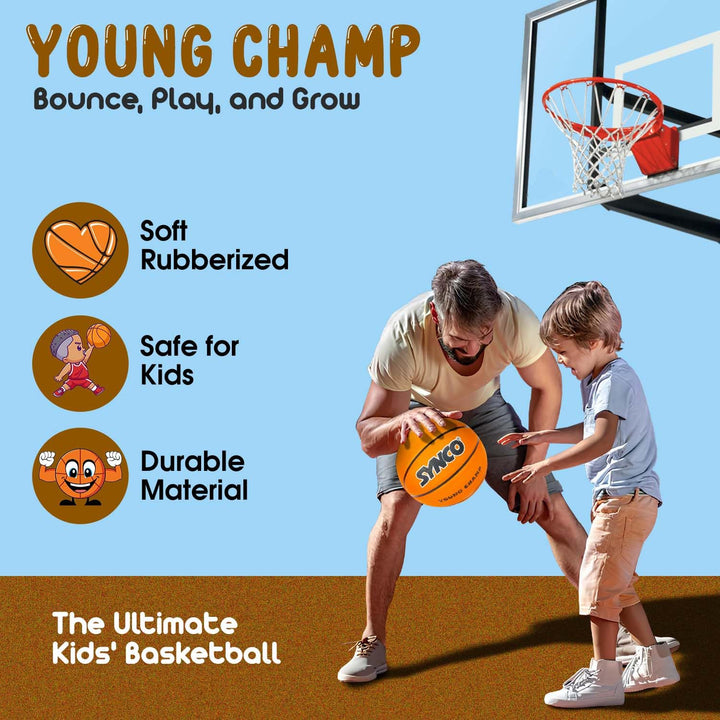 Synco Young Champ Basketball Size-3 | Junior Size for Children and Kids | Soft Rubberised Ball | for Children Age 4-8 Years (Orange)