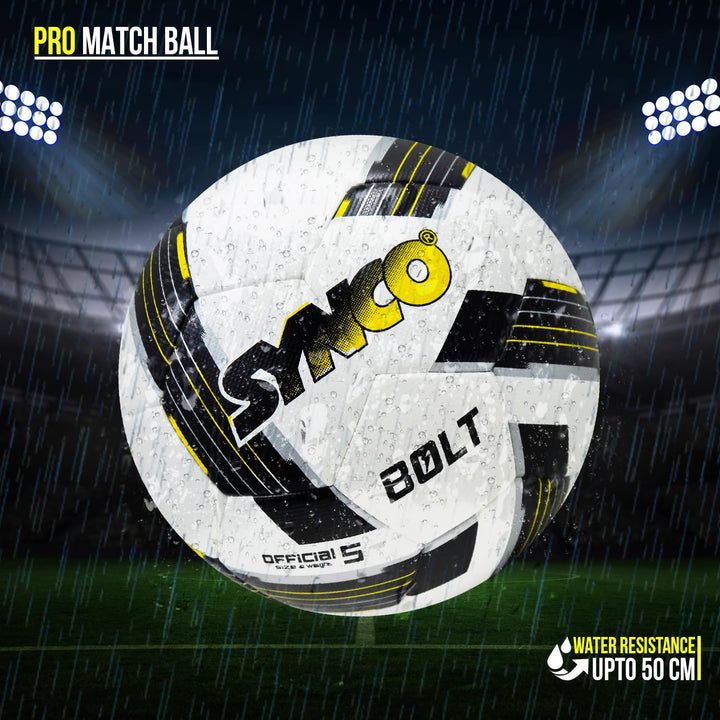 Synco Bolt Thermobonded Football | PU 32 Panel Textured Surface Professional Match Ball | Suitable for Soft & Wet Ground, Hard Ground with Grass & Artificial Turf | Water Resistant Football | Size-5