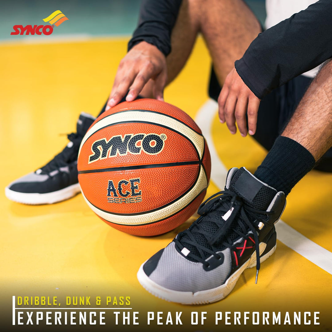 Synco Ace Basketball Ball 14 Panel Rubber Moulded Professional Club Basketball For Competitions & Matches For Men Size 7 (Red/Cream)
