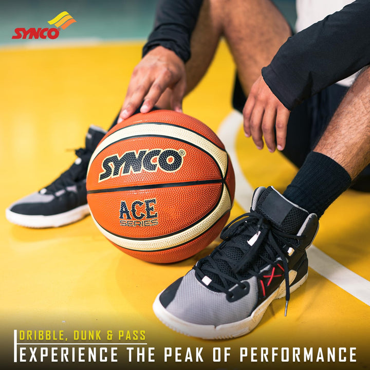 Synco Ace Basketball Ball 14 Panel Rubber Moulded Professional Club Basketball For Competitions & Matches For Men Size 7 (Red/Cream)