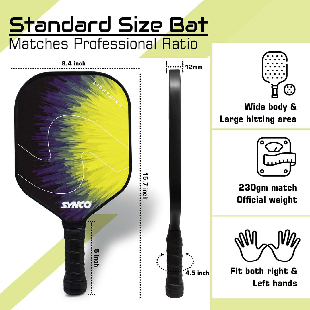 Fibre Glass Pickleball Paddle 12mm, plus Two Performance Pickleballs, supplied in a Carry Bag - Lightening Yellow