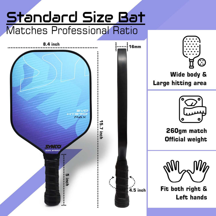 Fibreglass Pickleball Paddle 16mm, plus Two Performance Pickleballs, supplied in a Carry Bag -  Hybrid Max Blue