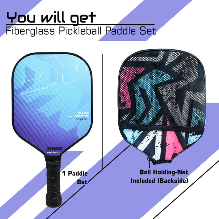 Fibreglass Pickleball Paddle 16mm, plus Two Performance Pickleballs, supplied in a Carry Bag -  Hybrid Max Blue