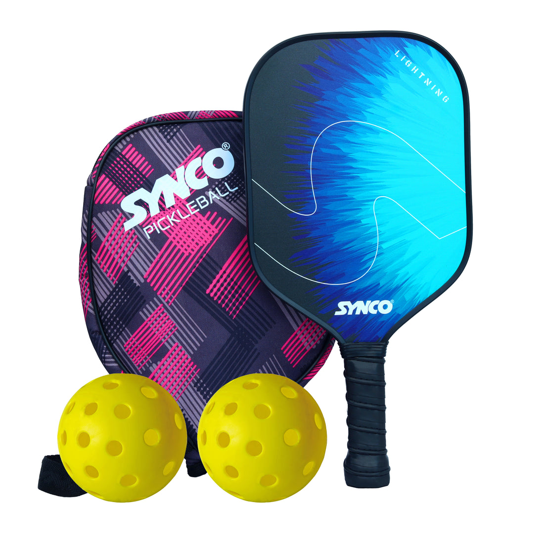 Fibreglass Pickleball Paddle 12mm, plus Two Performance Pickleballs, supplied in a Carry Bag - Lightening Blue